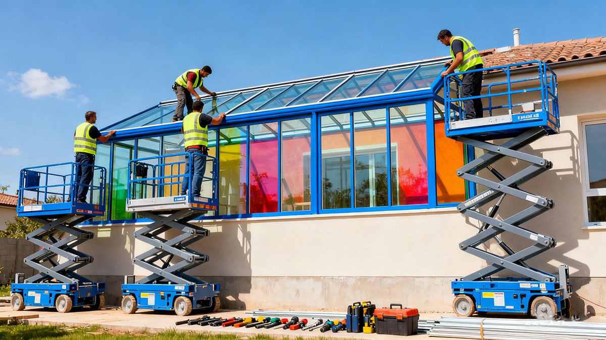 Installation team assembling colorful sunroom aluminum panels at residential site Installation team assembling colorful sunroom aluminum panels at residential site