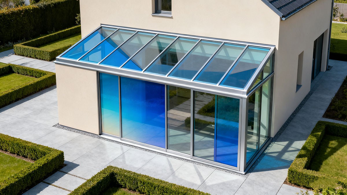Colorful sunroom exterior with aluminum frame and large glass panels for modern home design Colorful sunroom exterior with aluminum frame and large glass panels for modern home design