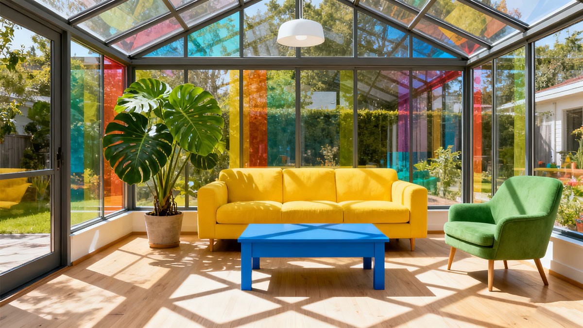 Interior view of colorful sunroom with panoramic glass walls and vibrant furniture Interior view of colorful sunroom with panoramic glass walls and vibrant furniture